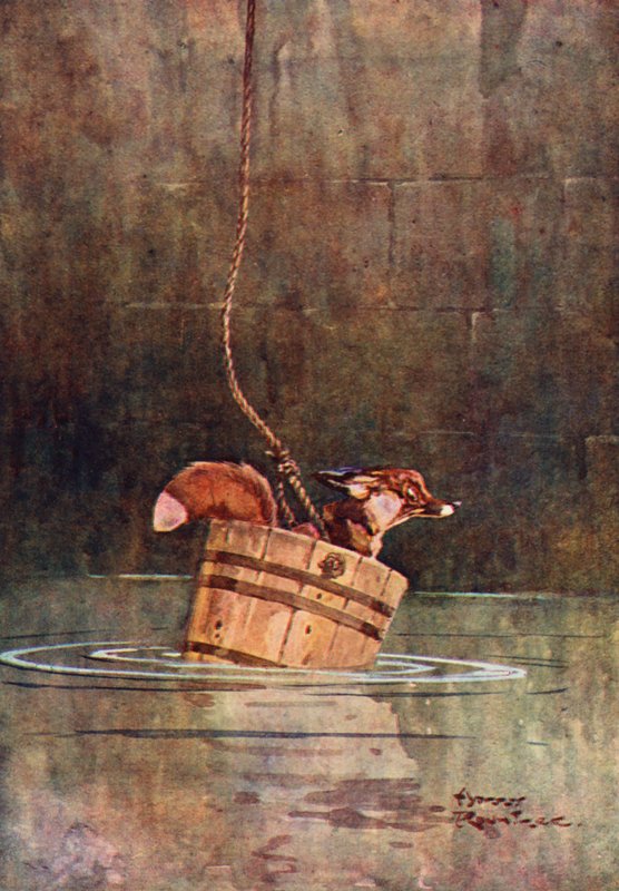 El lobo y el zorro (litografía en color) de Harry Rountree