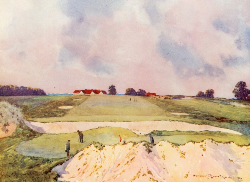 Campos de golf: Sandy Lodge, el primer green, mirando hacia la casa club (litografía en color) de Harry (1878 1950) Rountree