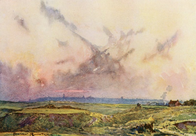 Campos de golf: St Andrews, la ciudad a lo lejos (litografía en color) de Harry (1878 1950) Rountree