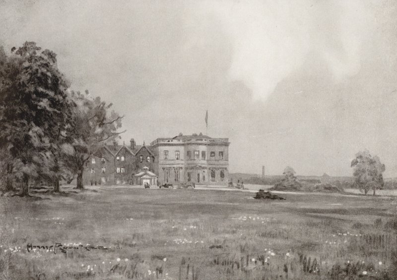 Campos de golf: Trafford Park, la casa club desde el tee del dieciocho (litografía) de Harry (1878 1950) Rountree