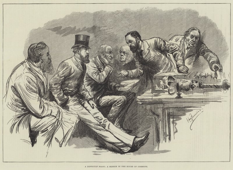 Un punto difícil, un boceto en la Cámara de los Comunes de Harry Furniss