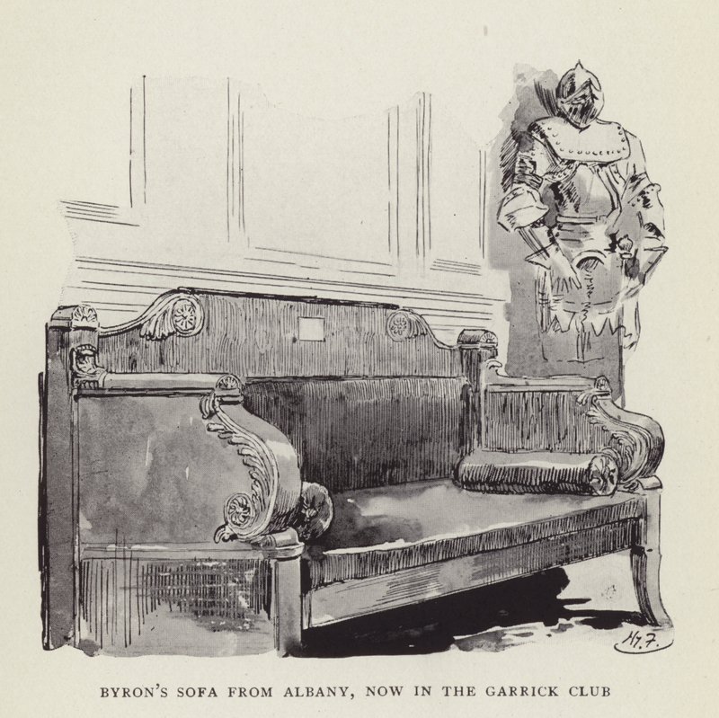 El sofá de Byron de Albany, ahora en el Garrick Club de Harry Furniss