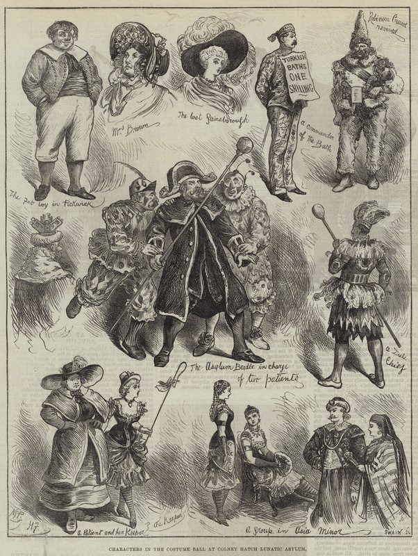 Personajes en el baile de disfraces en el manicomio de Colney Hatch de Harry Furniss