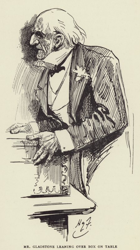 Mr Gladstone inclinado sobre Caja en la Mesa de Harry Furniss