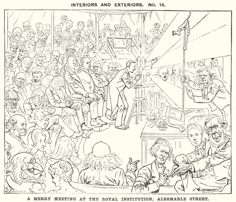 Caricatura de Punch: Una reunión alegre en la Real Institución, Calle Albemarle, Londres (grabado) de Harry Furniss
