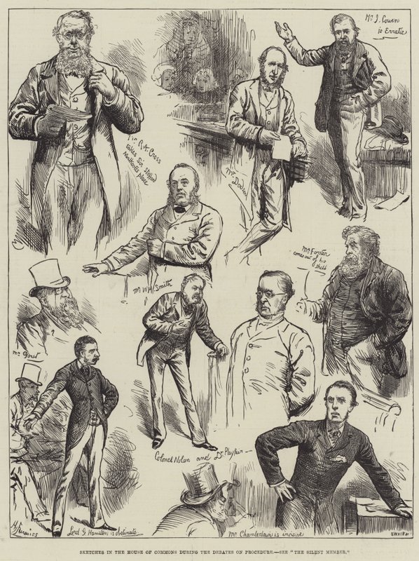 Bocetos en la Cámara de los Comunes durante los debates sobre el procedimiento de Harry Furniss