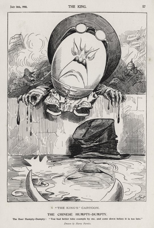 El Humpty Dumpty chino, caricatura sobre la Rebelión de los Bóxers y la Guerra de los Bóers (grabado) de Harry Furniss