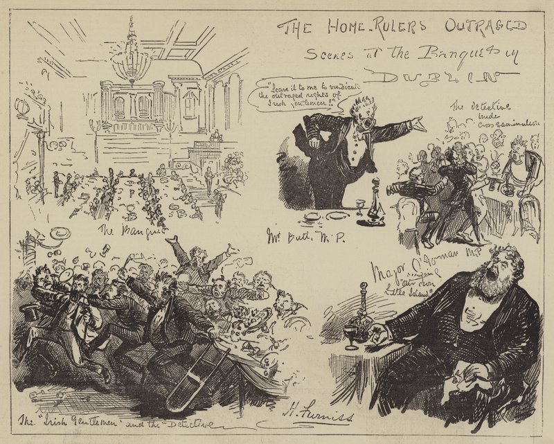 Los defensores del hogar ultrajados, escenas en el banquete en Dublín de Harry Furniss