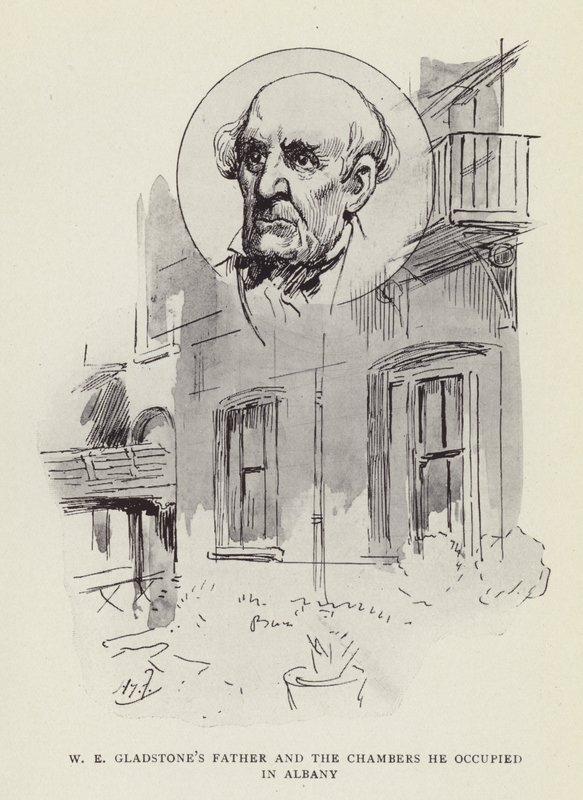 El padre de W E Gladstone y las cámaras que ocupó en Albany de Harry Furniss