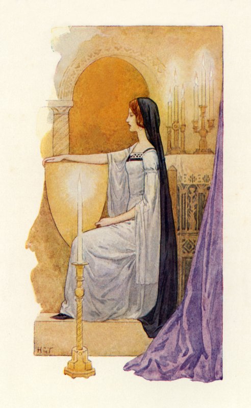 Una hermosa dama vista por Sir Gawaine (litografía en color) de Harry George Theaker