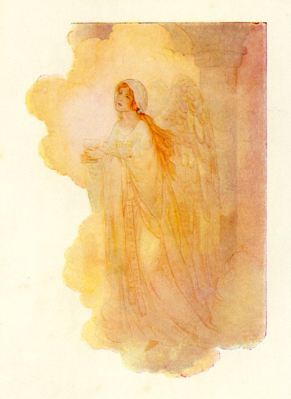 Una esbelta y bella dama aparece bajo la luz dorada (litografía en color) de Harry George Theaker