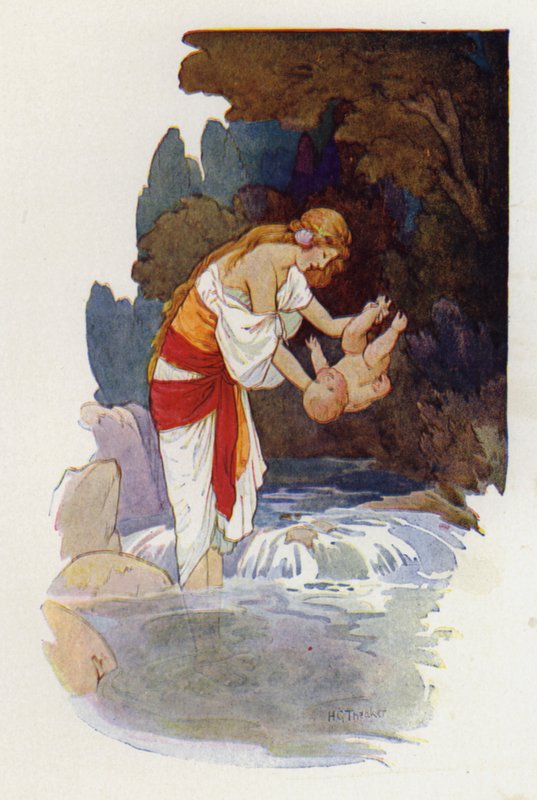 Aquiles mientras Tetis sumergía al niño, lo sujetaba por un talón (litografía en color) de Harry George Theaker