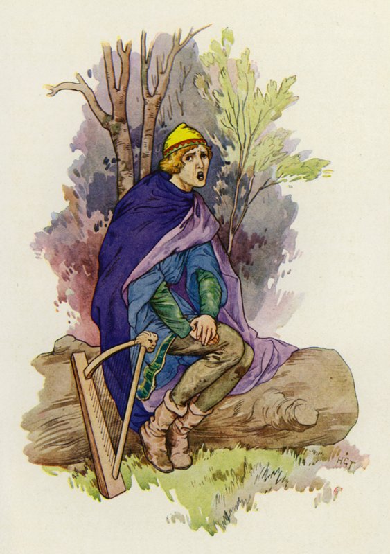 Mientras estaba sentado, el joven canturreó una lúgubre cancioncilla (litografía en color) de Harry George Theaker