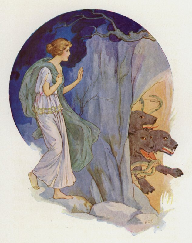 Cerbero, perro terrible de tres cabezas (litografía en color) de Harry George Theaker