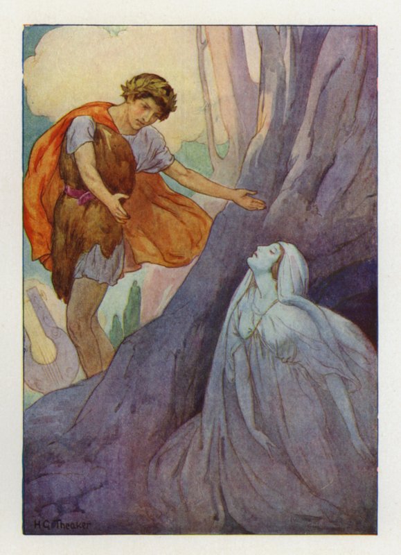 Gritando de alegría, Orfeo intentó cogerla en sus brazos (litografía en color) de Harry George Theaker