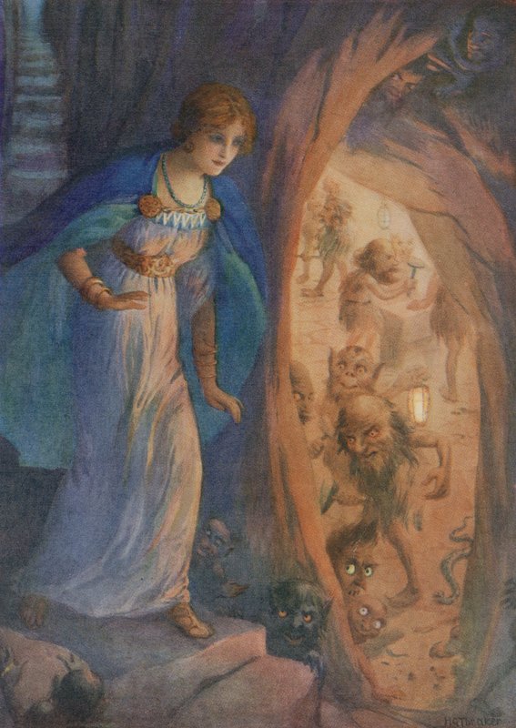 Freyja en la cueva de los enanos, de "El collar de Freyja" (litografía en color) de Harry George Theaker