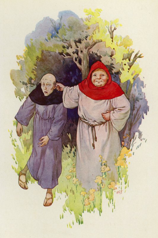 Fray Tuck lleva de la oreja a un monje flaco y miserable (litografía en color) de Harry George Theaker