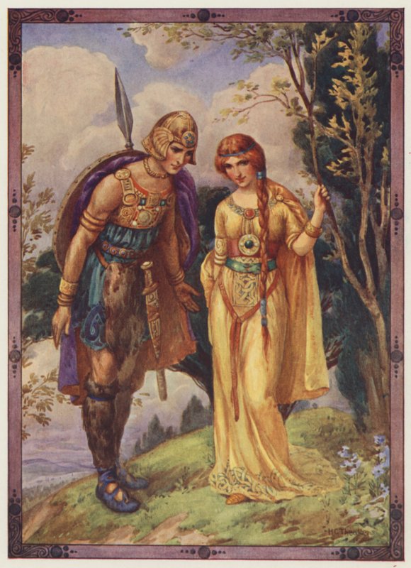 "Permíteme ser tu pretendiente", El Príncipe de Dyfed (litografía en color) de Harry George Theaker