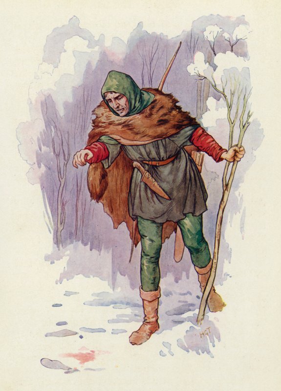 "¡Ja!" gritó Herbert el Guardabosques, "¡ha habido una matanza aquí!" (litografía en color) de Harry George Theaker