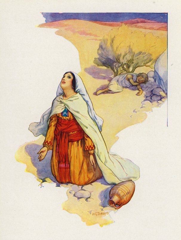 Agar puso al niño a la sombra de un arbusto (litografía en color) de Harry George Theaker