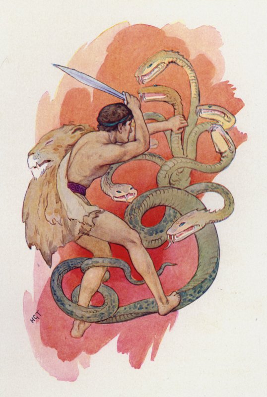 Hércules y la serpiente de siete cabezas (litografía en color) de Harry George Theaker