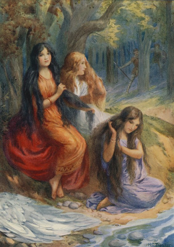 Hladgrun, Olrun y Alvit, de "Wayland the Smith" (litografía en color) de Harry George Theaker