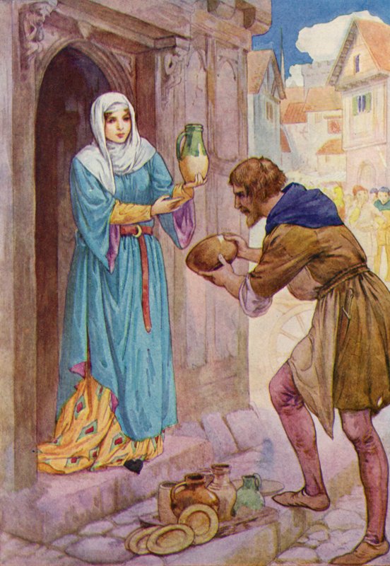 "Traigo estas pobres vasijas como regalo para Mistress de Rainault", dijo Robin a la sirvienta (litografía en color). de Harry George Theaker