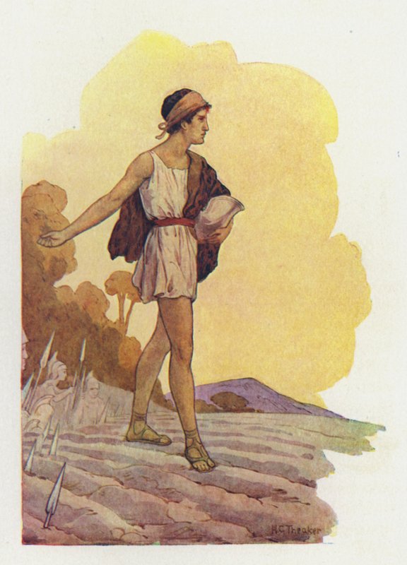 Jasón sembró los dientes del dragón (litografía en color) de Harry George Theaker