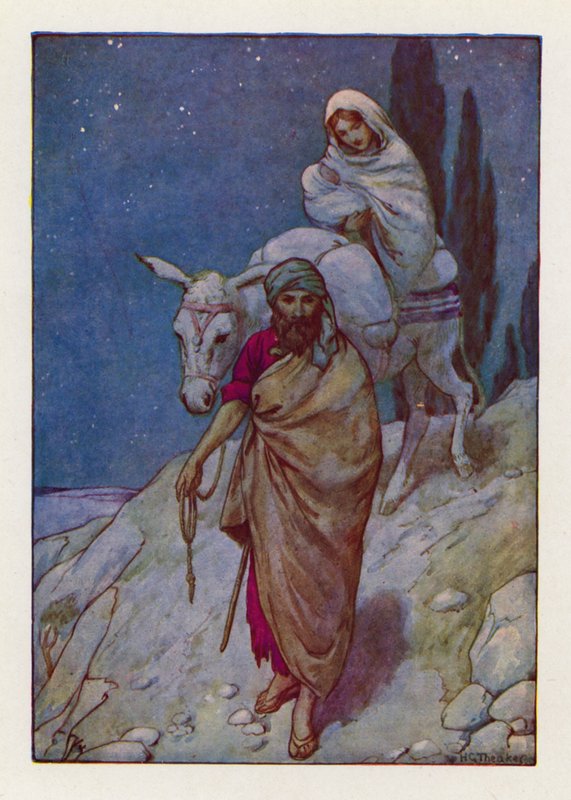 José se levantó, tomó de noche al niño y a su madre y se marchó a Egipto (litografía en color). de Harry George Theaker