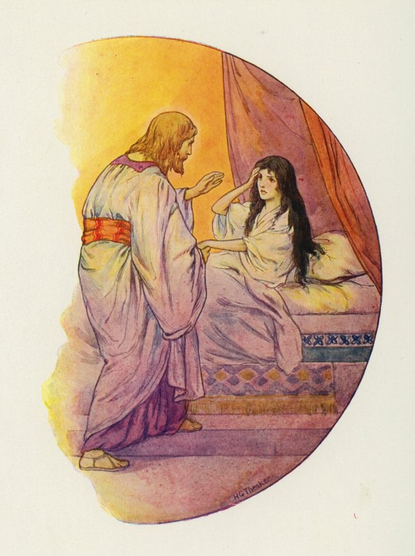 "Niña", dijo, "¡Levántate!" (litografía en color) de Harry George Theaker