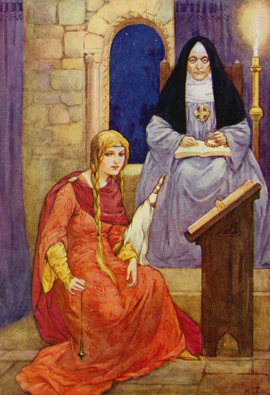 Marion se refugiaba en Kirklees, con la Abadesa allí (litografía en color) de Harry George Theaker