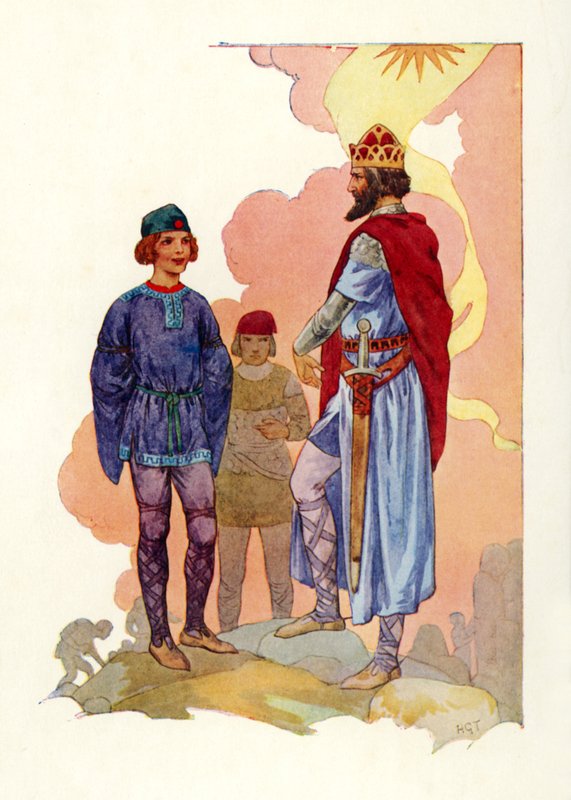 Merlín conducido ante el rey (litografía en color) de Harry George Theaker