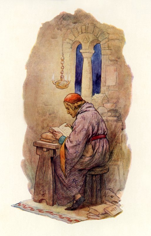 Lectura Merlin (litografía en color) de Harry George Theaker