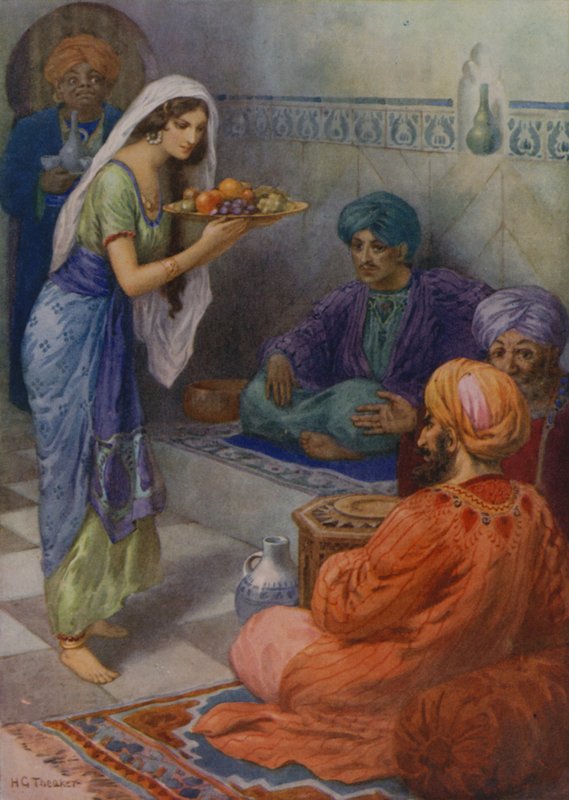 Morgiana espera al invitado (litografía en color) de Harry George Theaker
