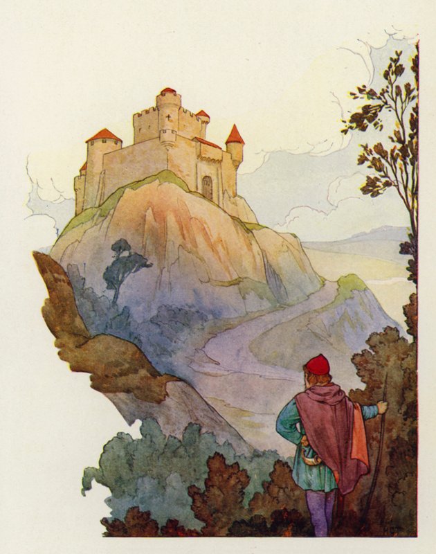 En la cima se alzaba Evil Hold, el gran castillo de Isambart desde el que gobernaba terriblemente todo el país (litografía en color). de Harry George Theaker