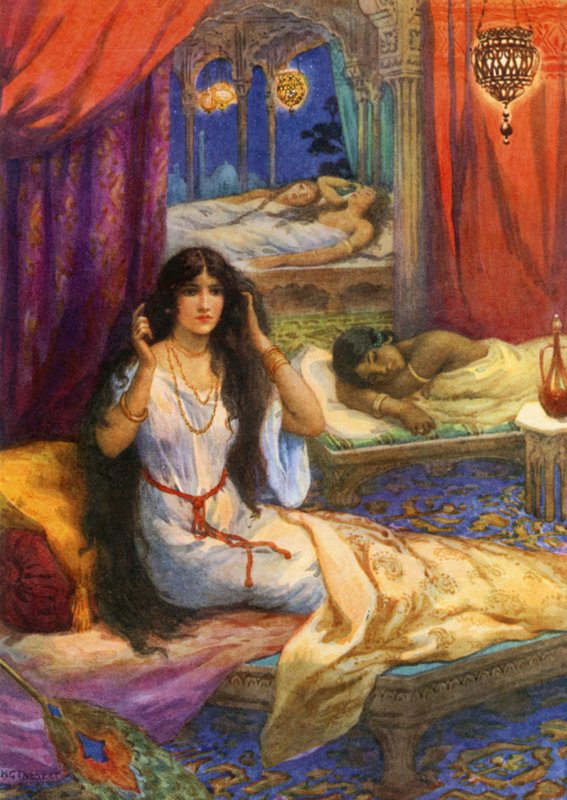 "Pabhavati despertó con un sobresalto" (litografía en color) de Harry George Theaker
