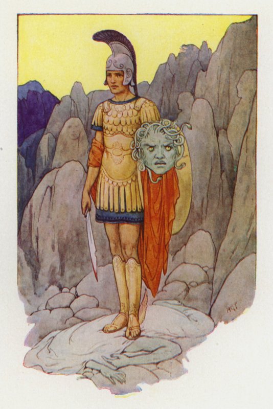 Perseo y la cabeza de la Gorgona (litografía en color) de Harry George Theaker