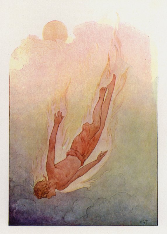 Faetón con el pelo en llamas, cayendo en un río profundo y fresco (litografía en color) de Harry George Theaker
