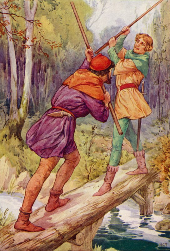 Robin Hood y Little John (litografía en color) de Harry George Theaker