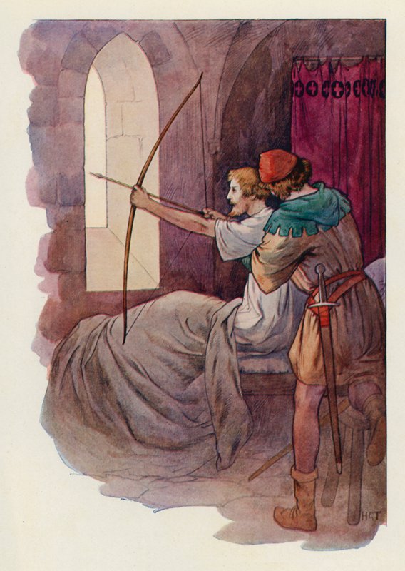Robin, sentado en la cama, disparó la flecha al bosque más allá del muro de la Abadía (litografía en color) de Harry George Theaker