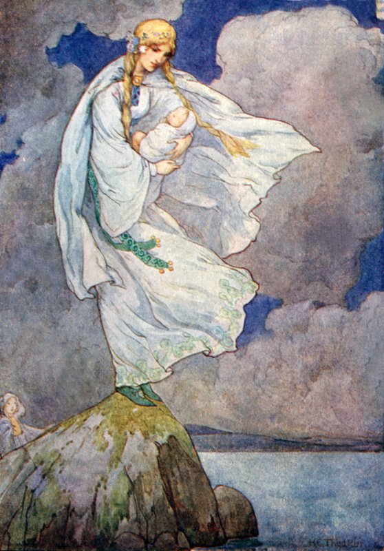 Había llevado al bebé a una gran roca gris (litografía en color) de Harry George Theaker