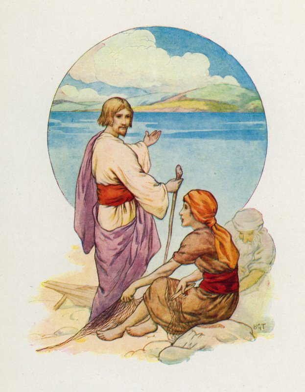 "Simón Pedro y Andrés, ¡venid! Seguidme!" (litografía en color) de Harry George Theaker