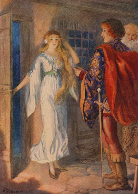 Sir Huldbrand y Undine, de "Undine" (litografía en color) de Harry George Theaker