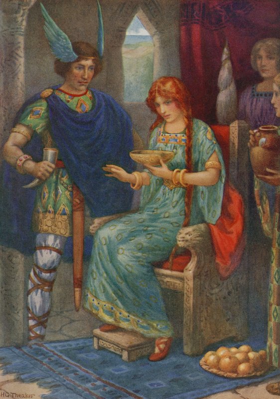 Skyrnir y Gerda, de "Frey y Gerda" (litografía en color) de Harry George Theaker