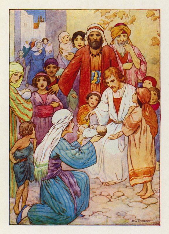 "Dejad que los niños vengan a mí" (litografía en color) de Harry George Theaker