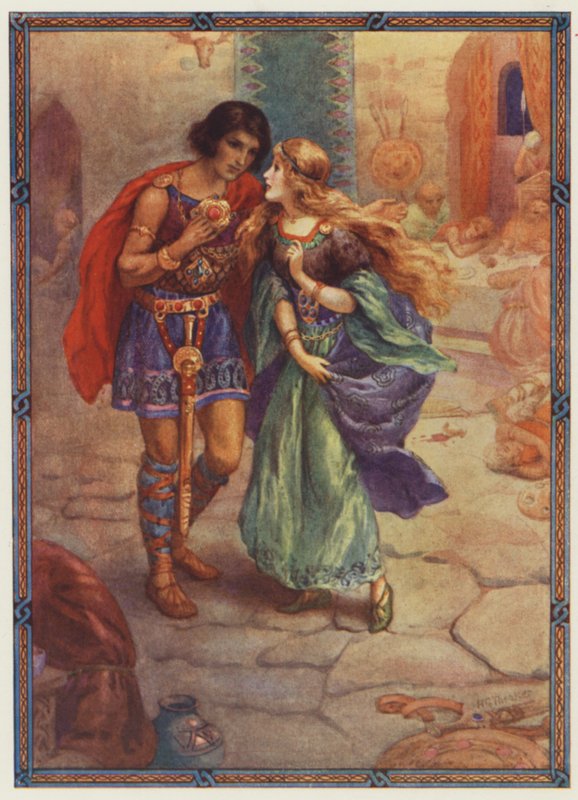 "¡Tómame por esposa!", Diarmuid y Grania (litografía en color) de Harry George Theaker