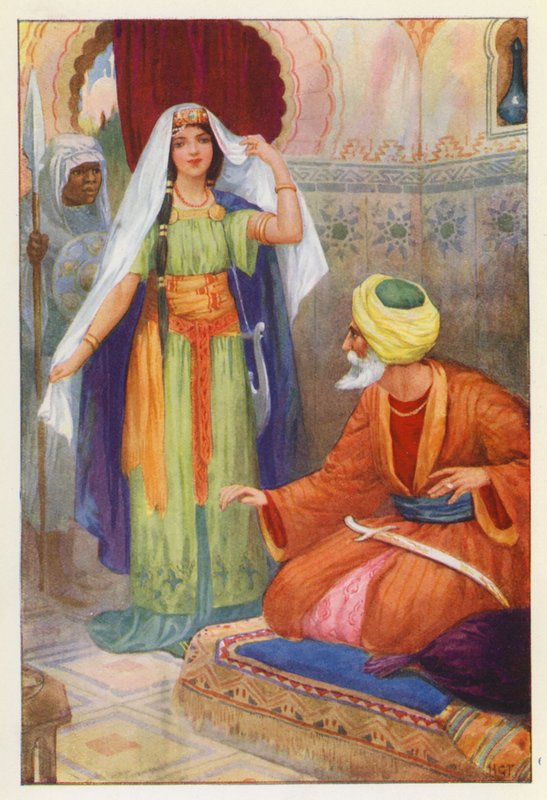 La bella cautiva y Aben Habuz (litografía en color) de Harry George Theaker