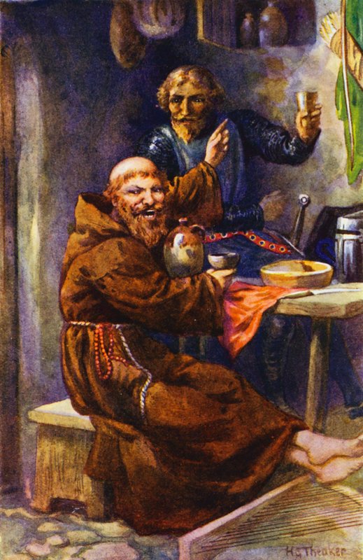 El Caballero Negro disfruta de la hospitalidad del jovial ermitaño (litografía en color) de Harry George Theaker