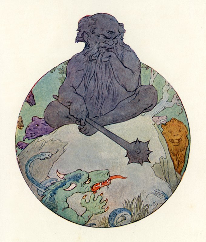 El Gran Gigante Negro frunció el ceño ante Sir Gawaine (litografía en color) de Harry George Theaker