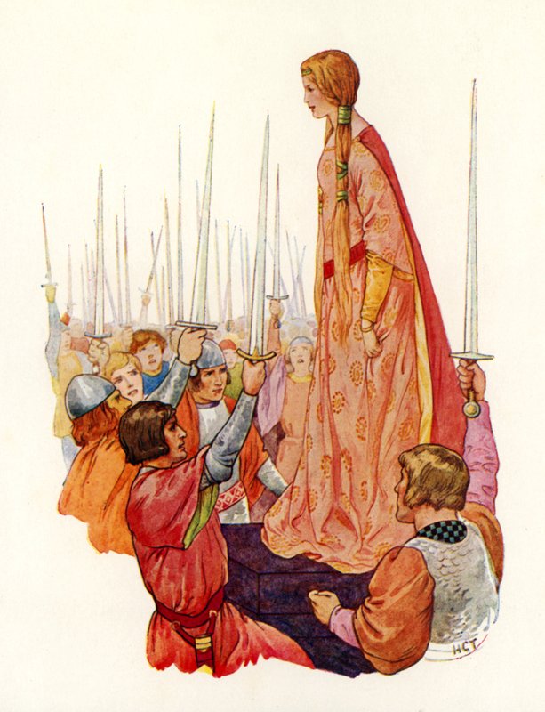 Los caballeros saludan a la princesa Ginebra, su futura reina (litografía en color) de Harry George Theaker